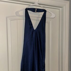 Elegant Navy Blue Silk Halter Dress